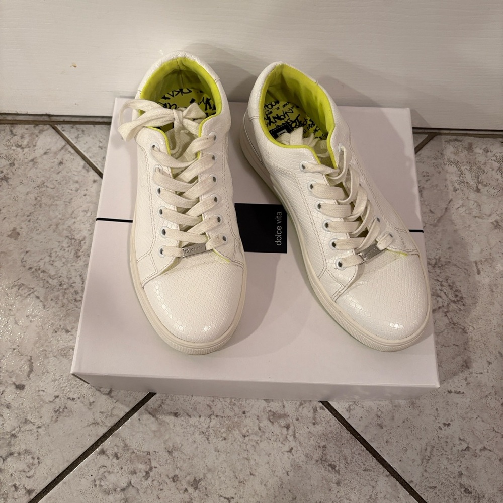 DKNY White and Neon Yellow Sneakers